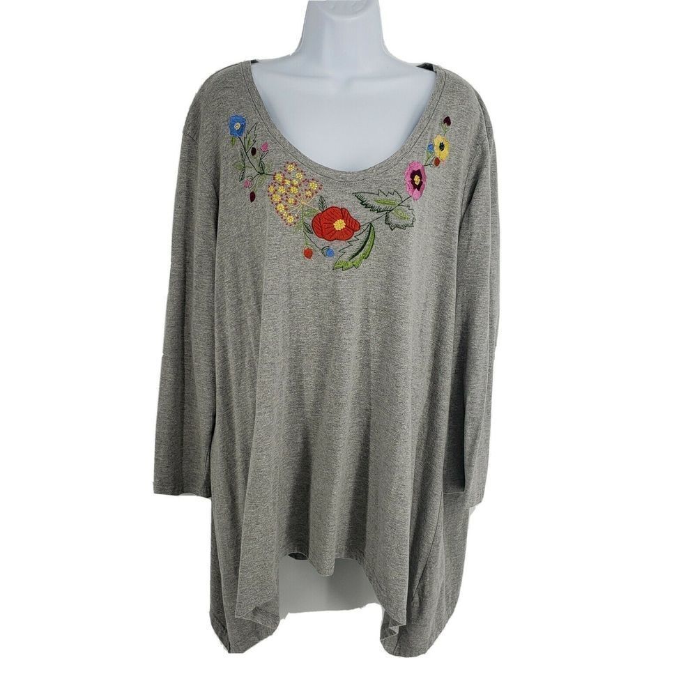 LA Cera‎ Floral Embroidery Shirt Gray Long Sleeve